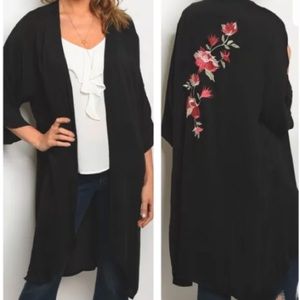 Black Silky Cardigan Kimono Embroidered Back New